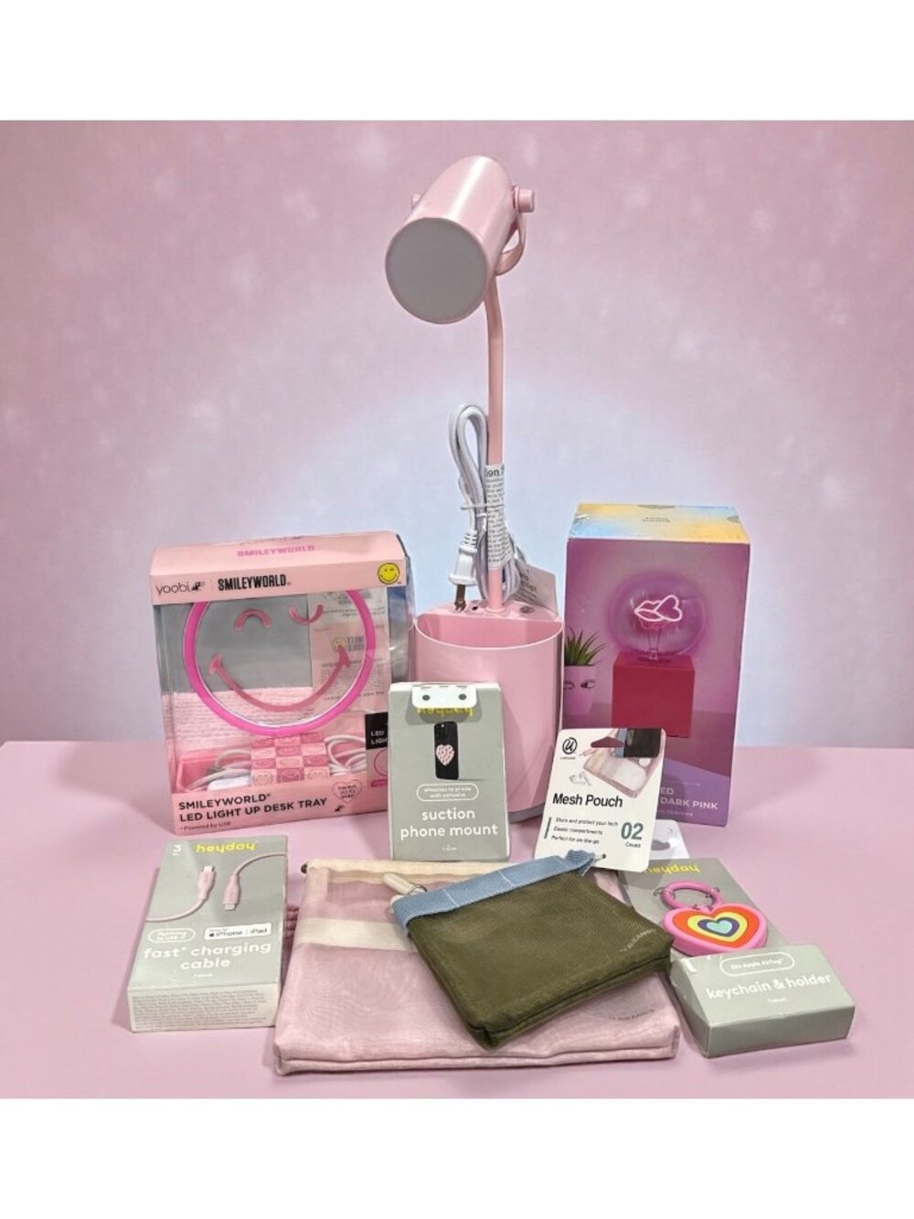 Pink Desk Accessories Set: LED Lamp, Light-Up Tray, Lip Filament Bulb, Fast Char